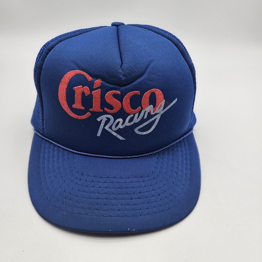 Vintage Crisco Racing Hat Cap Snap Back Blue Mesh Trucker Advertising Mens 80s
